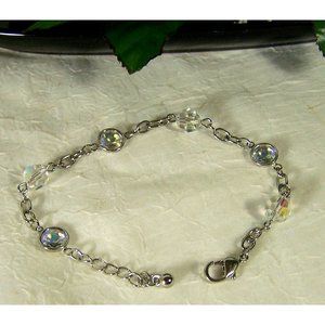 Bezel Set Aurora Borealis Crystal Silver Tone Bracelet 8" Adjustable Length